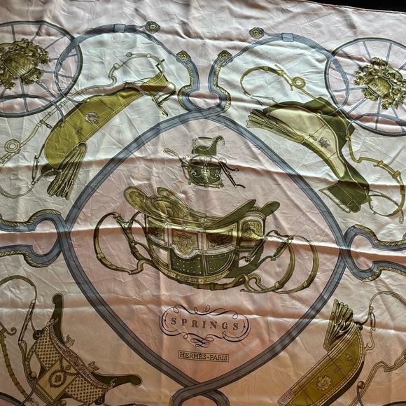 HERMES SPRINGS 90cm Pink Silk Scarf Classic Equestrian Design Unisex Fashion - Picture 1 of 4